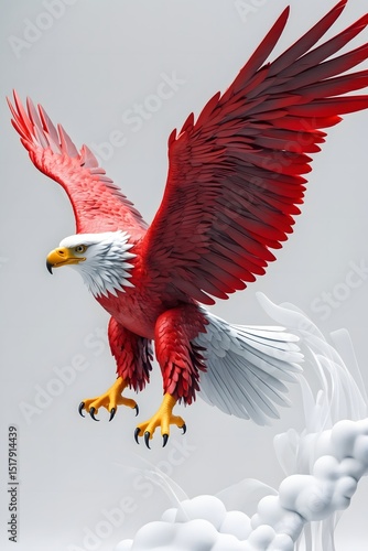 Regal Red and White Eagle Poised for Flight on Abstract Clouds