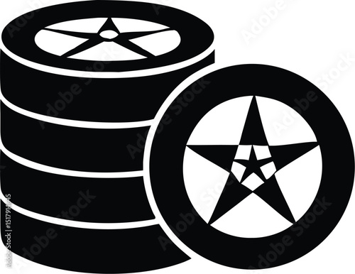 Stack of Black Discs with White Star Design, Isolated on White Background, Minimalist Art