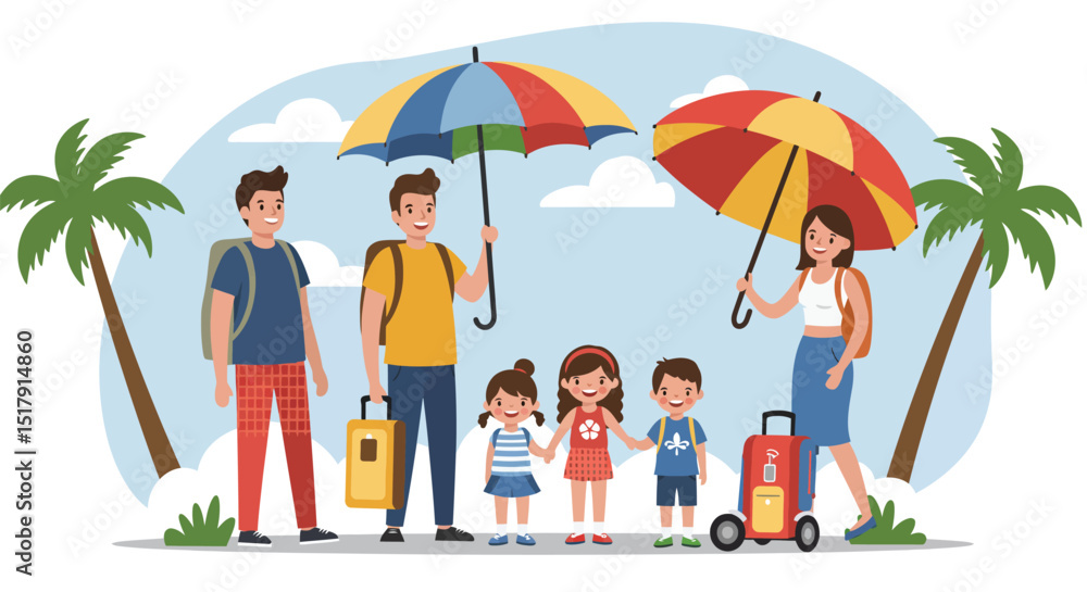 Fototapeta premium Happy family vacation travel with umbrellas and luggage at tropical beach destination illustration