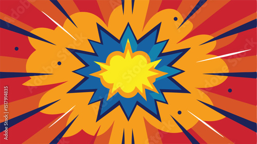 A Multi Layered Pop Art Explosion with a Bright Yellow Center Surrounded by Blue and Orange Shapes on a Dynamic Red Radial Background