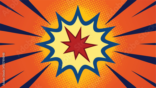 A Vibrant Pop Art Explosion Featuring a Red Starburst within a Yellow and Blue Shape on a Halftone Orange Radial Background