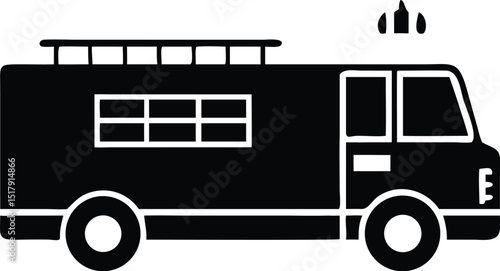 Black and White Silhouette Illustration of a Fire Truck with Ladder and Lights