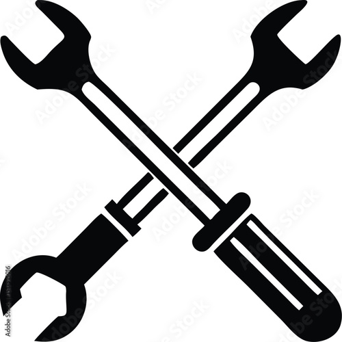 Black and White Illustration of Crossed Wrenches and Screwdriver Isolated on White Background