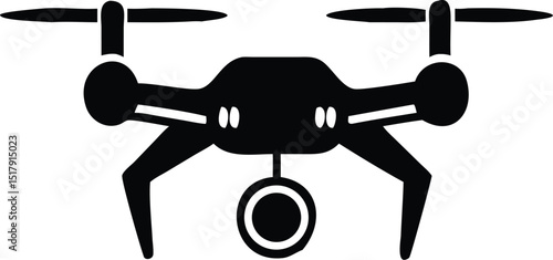 Black Silhouette of Drone with Camera, Four Propellers, and Four Landing Legs