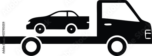 Black and White Tow Truck Flatbed With Car Vehicle Transporting Outline Style Design