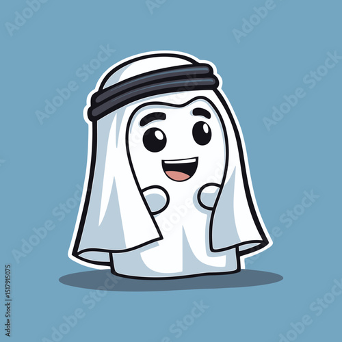 a minimalist logo showing arab cartoon Qatari boy smiling head wearing a traditional white shemagh