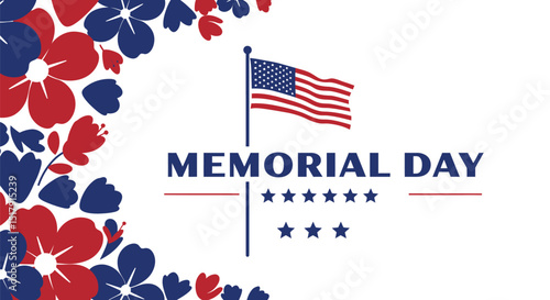 Memorial Day Patriotic Floral Design with American Flag and Stars on White Background