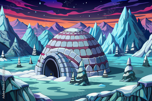 Vector cartoon of icy igloo on snowy plain beneath a starry arctic night, with glaciers in a remote northern landscape