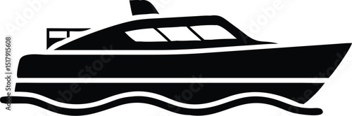 Silhouette of a Modern Motorboat Cruising on Gentle Waves Isolated on White Background