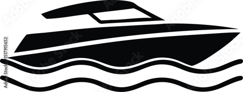 Black and White Illustration of a Motorboat on the Water with Waves