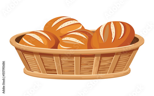 Large Basket of Golden Bread Rolls - Vector Illustration
