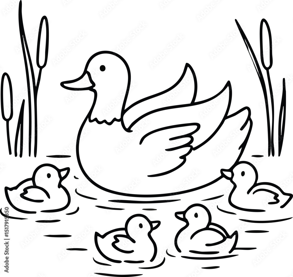 Fototapeta premium Duck family swimming in pond line art illustration