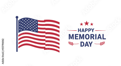 Happy Memorial Day with American Flag and Stars on White Background for Celebration
