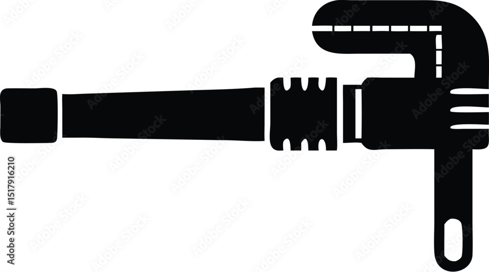 Silhouette of a Pipe Wrench with Handle, Jaws, and Adjustment Screw on White Silhouette of a Pipe Wrench with Handle, Jaws, and Adjustment Screw on White