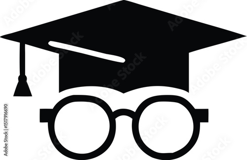 Black and White Graduation Cap and Round Glasses Icon, Education Concept