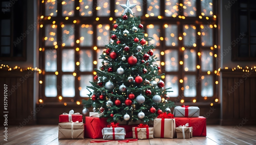 Stunning Christmas Tree Adorned with Red and Silver Ornaments, Surrounded by Gifts Stunning Christmas Tree Adorned with Red and Silver Ornaments, Surrounded by Gifts