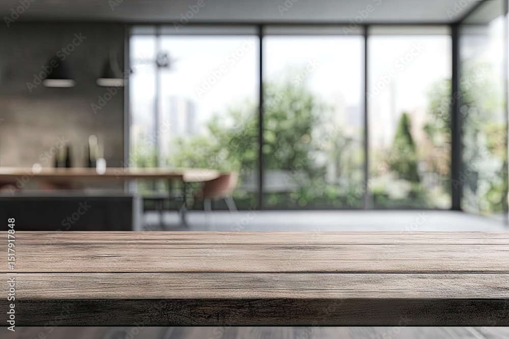Blurred modern dining area, wooden tabletop Blurred modern dining area, wooden tabletop