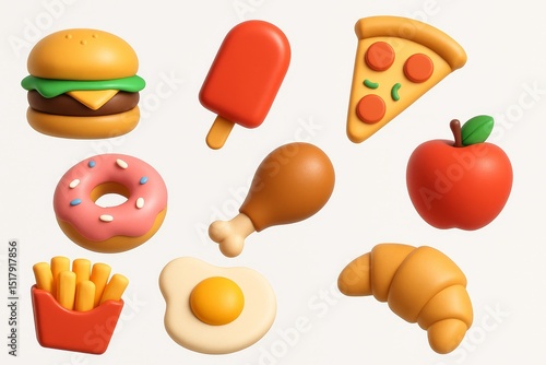 Set of cartoon food icons including burger, pizza, ice cream, donut, egg, apple, chicken, fries, croissant on white background