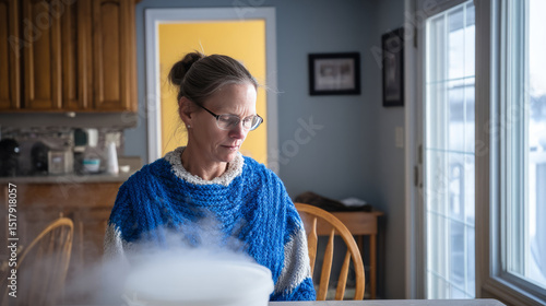 Certainly! A contemplative Caucasian woman in a cozy, woolen shawl ponders ethereal steam, evoking Hygge and World Poetry Day