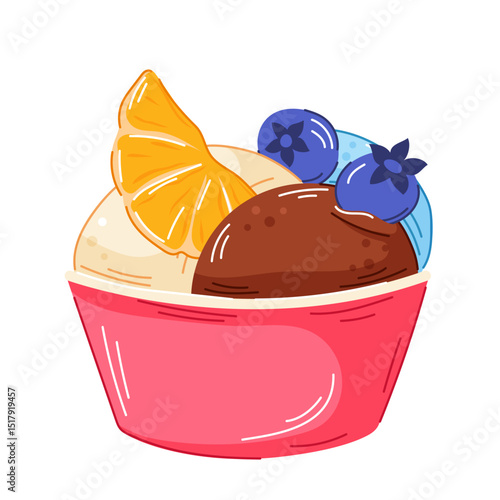 Colorful ice cream in bowl with vanilla, chocolate and blueberry scoop topped with orange fruit and berry in cartoon. Perfect for cafe menu, logo and packaging food design.
