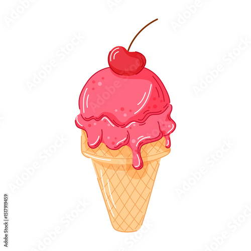 Cherry ice cream cone with pink melting scoop and red cherry on top in waffle cone in cartoon. Perfect for dessert menu, summer sweet or food graphic design. Isolated on a white background.