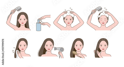 Beautiful cute woman washing her hair with shampoo, and drying her hair with towel and hair drier, and combing hair