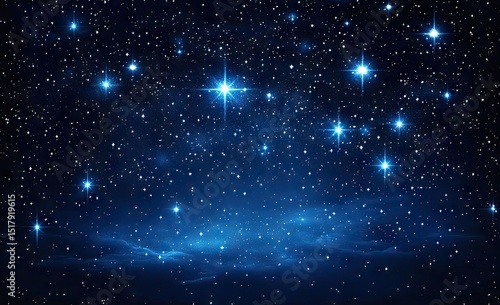 Deep space, celestial bodies, and a vast night sky. A digitally-enhanced image of a starlit night, with bright, shining stars, nebula-like clouds of blue light, and a multitude of smaller stars