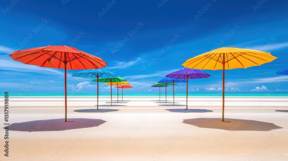 Fototapeta premium Colorful beach umbrellas lined up on a serene shoreline under a clear blue sky