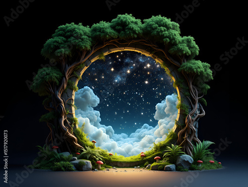 Magical stone archway with trees framing a view of a starry night sky with clouds, creating a fantasy portal to another world