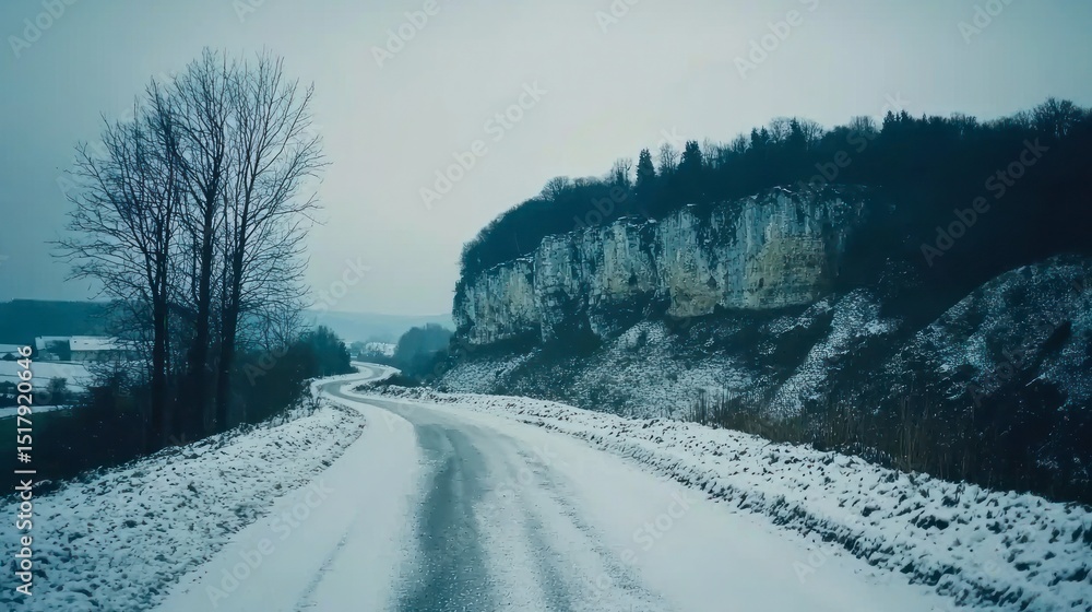 Fototapeta premium Snowy landscape with a winding road and cliff face.
