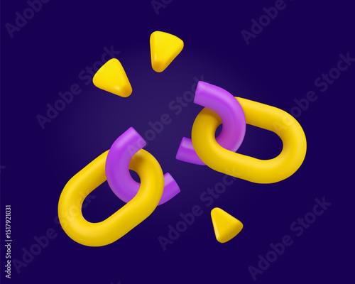 Cartoon broken chain link vector 3d icon. Weal connection symbol isolated on blue background. Abstract failure or unlink illustration. Disconnect concept