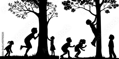 Children Playing by Trees Silhouettes - Outdoor Childhood Fun