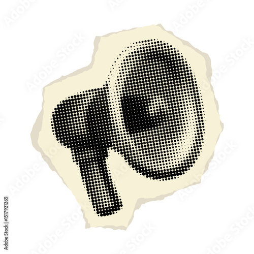 Halftone speaker on torn paper. Vector megaphone sticker in retro pop art style. Textured dotted design element, announce concept