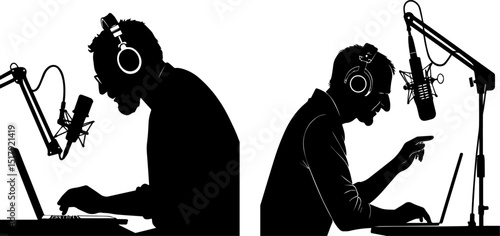 Podcaster or Radio Hosts Silhouettes with Microphones and Laptops - Broadcasting and Audio Content