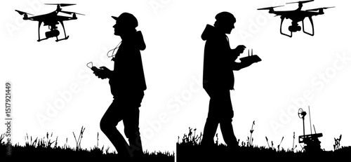 Drone Operators with UAVs and Controllers - Aerial Photography and Technology Silhouette
