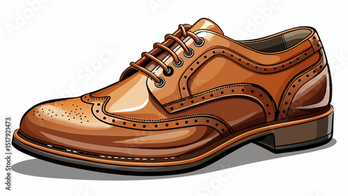 Close-up of classic brown leather Oxford shoes with intricate brogue detailing, placed on a clean white background, showcasing timeless elegance, formal design, polished texture, and gentleman style.