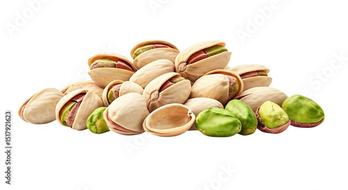 A pile of pistachios with shells and some without shells on a black background in a close up shot