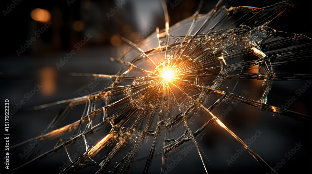 Fototapeta premium Shattered glass with radiant light burst on dark background