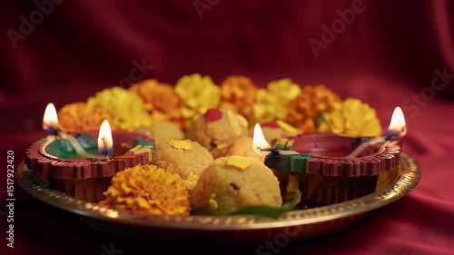 Illuminated Diyas and Yellow Sweets Adorn Golden Plate Against Red Backdrop for Diwali Celebration with Marigold Flowers