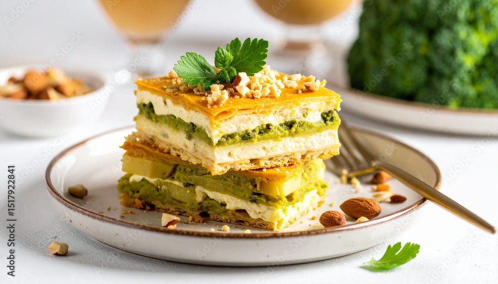 Moussaka with béchamel sauce, herb foam, and crispy parmesan — white, green, golden. Moussaka with béchamel sauce, herb foam, and crispy parmesan — white, green, golden.