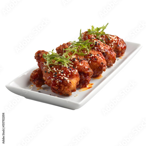 Crispy Korean fried chicken wings in sweet chili glaze, served in a modern platter with sesame seeds, isolated, white background