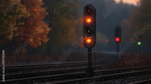 Pixelated Train Signal At Autumn Sunset