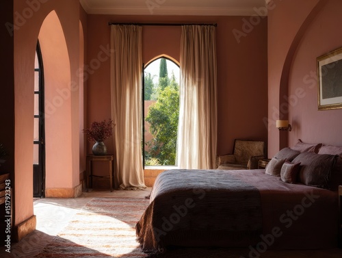 Elegant bedroom with arched...