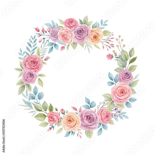 Watercolor floral wreath featuring peach roses and blue wildflowers arranged in a circular botanical frame, ideal for romantic wedding invitations and elegant decorative use