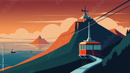 Cable car ride to mountain peak scenic view illustration