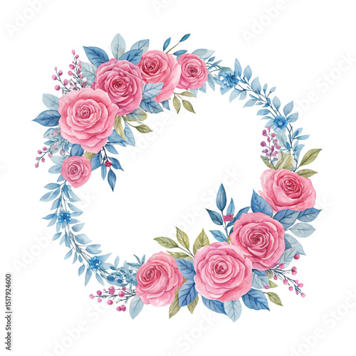 Pink watercolor floral wreath with green leaves in elegant circular composition perfect for romantic wedding invitations, greeting cards and botanical design projects