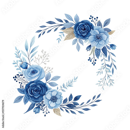 Navy blue floral invitation design with watercolor roses and leaves, elegant botanical composition perfect for wedding background cards and creative stationery