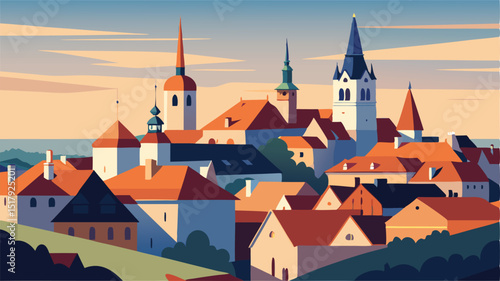 Cityscape rooftops and towers vector art illustration