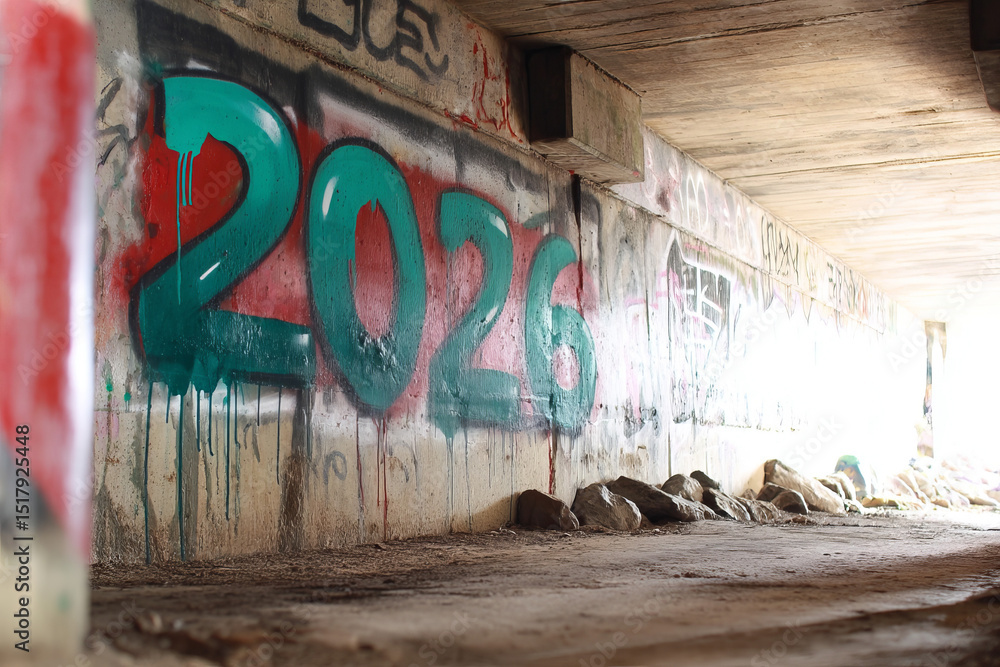 Naklejka premium Graffiti underpass whispers urban time-travel vibes, dystopian art journey, symbolic countdown mural marking International Street Art Day