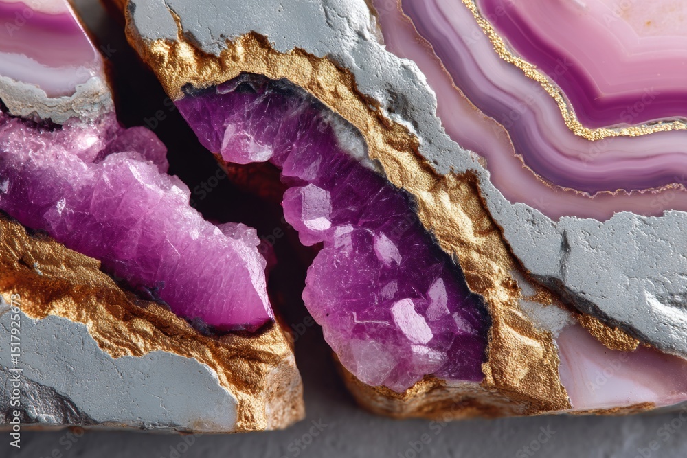Obraz premium Semiprecious geode with amethyst crystals in grey and gold layered stone